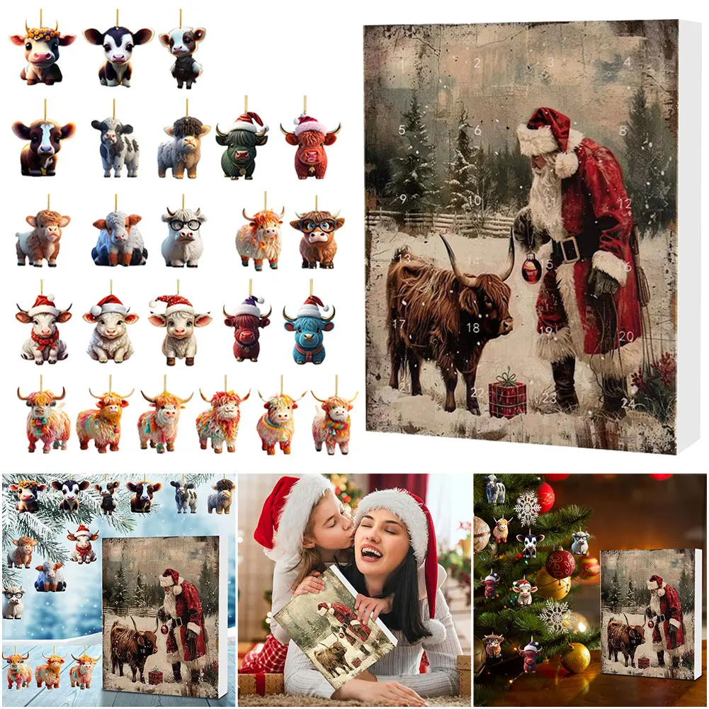 Calendrier de l'Avent de Noël avec Vache Highland, Ornements de Vacances, Dessin Animé Acrylique, Décorations de Face, Décoration de Maison, 2024