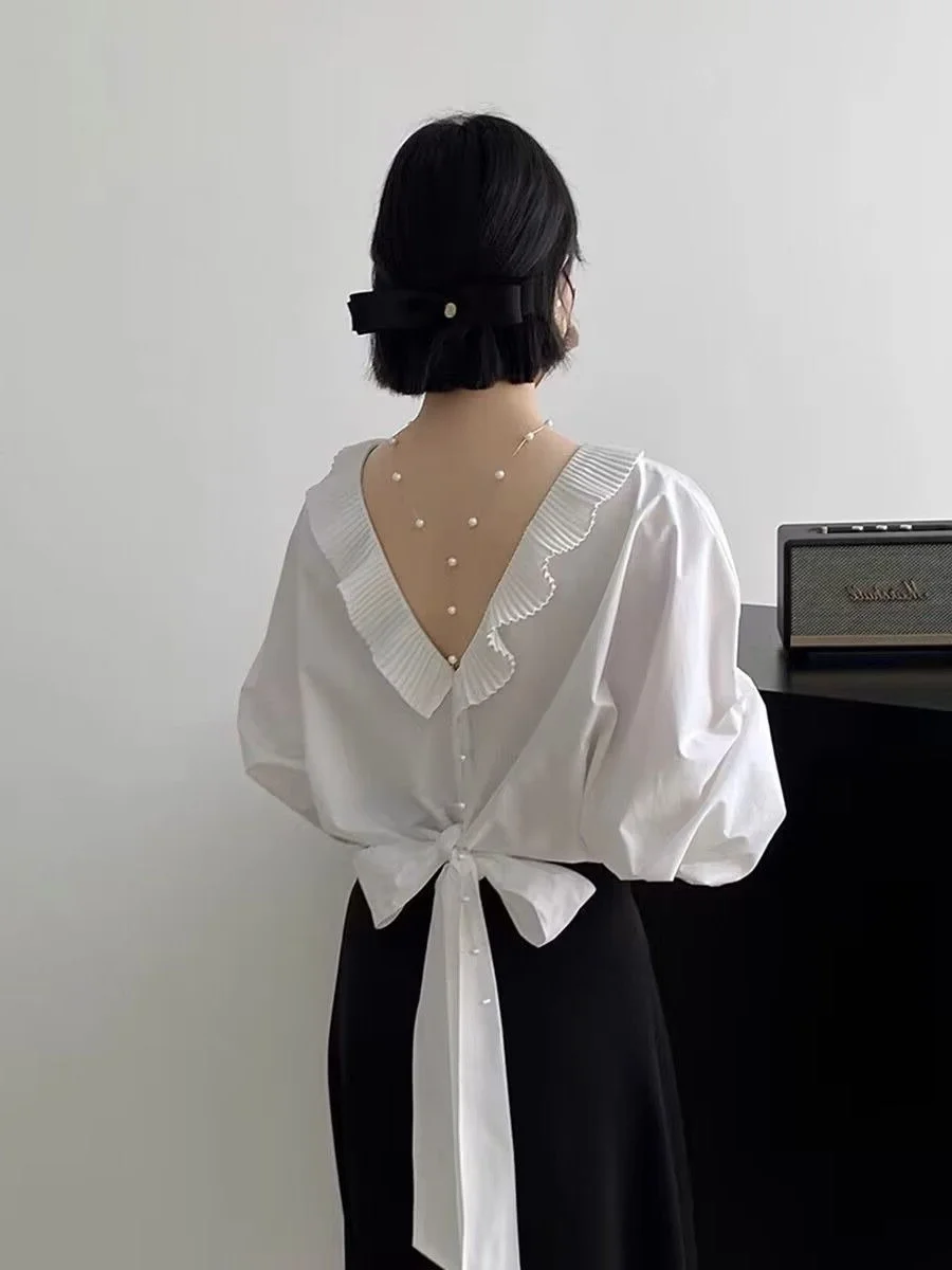 

Ele Oversized irt Women's Batwing Sve Blouse with Bow Design And Lace Trim Korean Sle Commute Pure Color Loose Fit