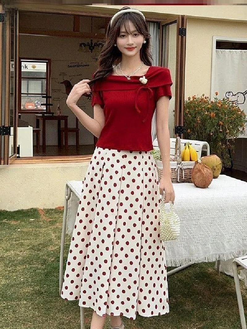 polka-dot-print-ter-ne-ort-sve-women's-dr-two-piece-set-vintage-sle-summer-collection-floral-patterned-skirt