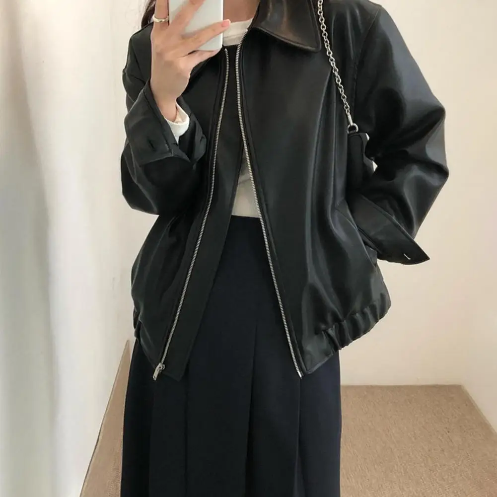 Autumn Winter Faux Leather Jacket Women Smooth Surface Zipper Stretchy Hem Long Sleeves Motorcycle Jacket Coat Travel Outerwear