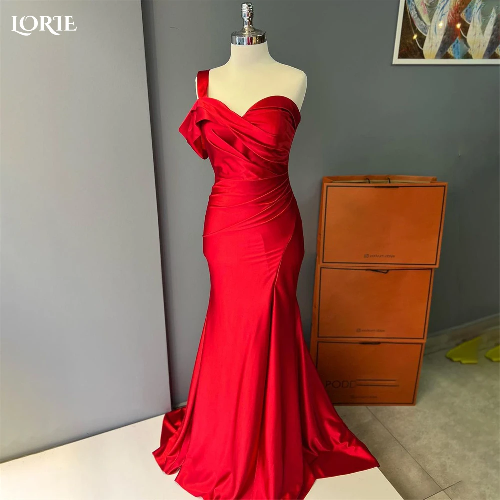 

LORIE Red Beach Mermaid Evening Dresses Ruched One Shoulder Pleated Bodycon Shiny Satin Prom Dress Arabia Bride Party Gowns 2022