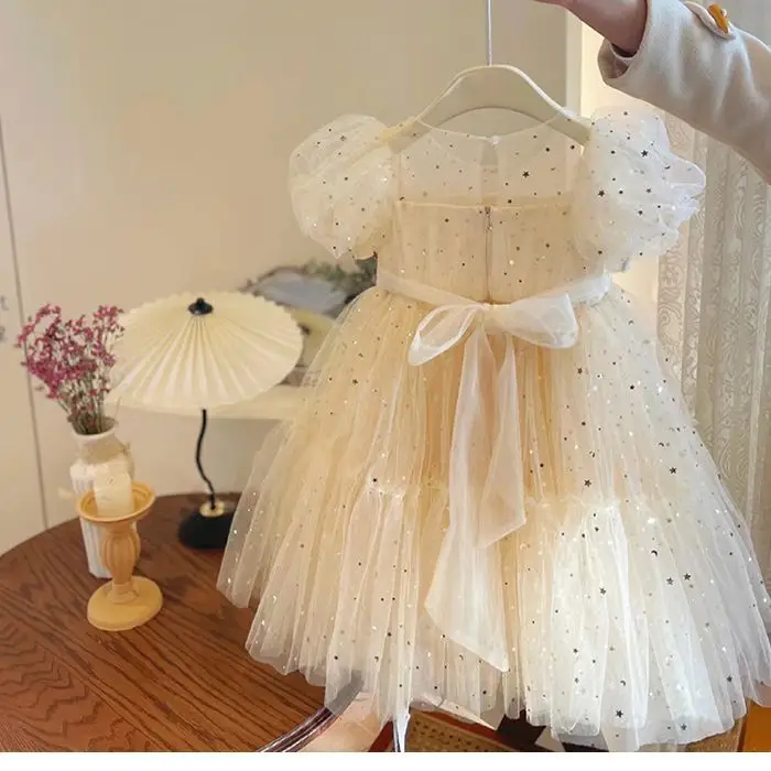 Baby Girls Dress Fashion High End Clothes Puffed Sleeve Mesh Sequin Dress 2025 Summer Kids Princess Dress Solid