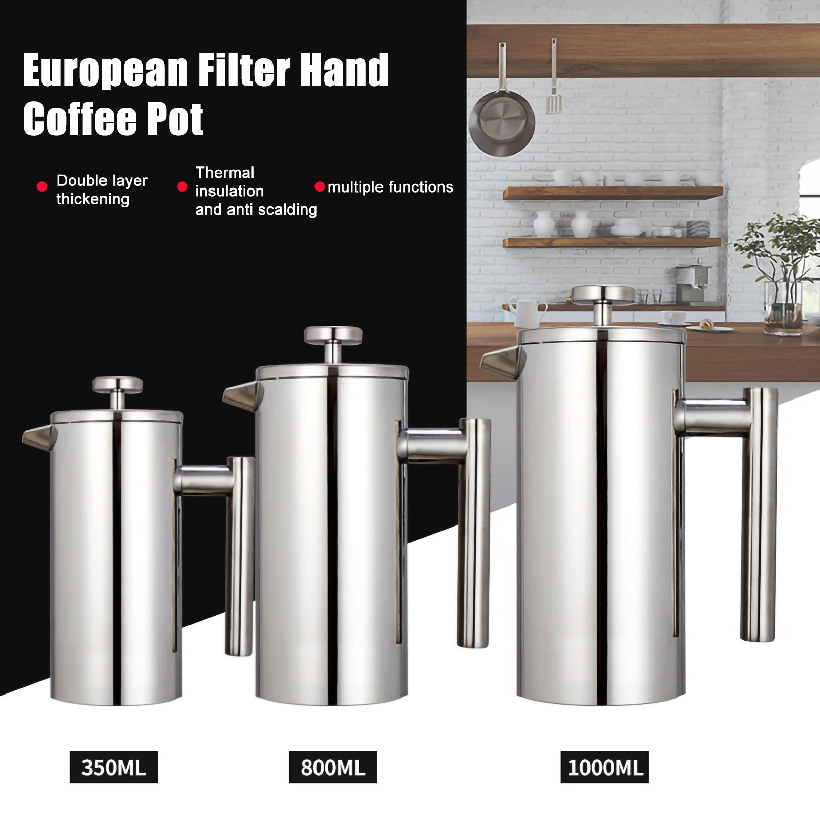 Praska francuska-podwójna ściana ze stali nierdzewnej 304-utrzymuje gorącą kawę lub herbatę-3 rozmiary z zatrzask uszczelniający/łyżką