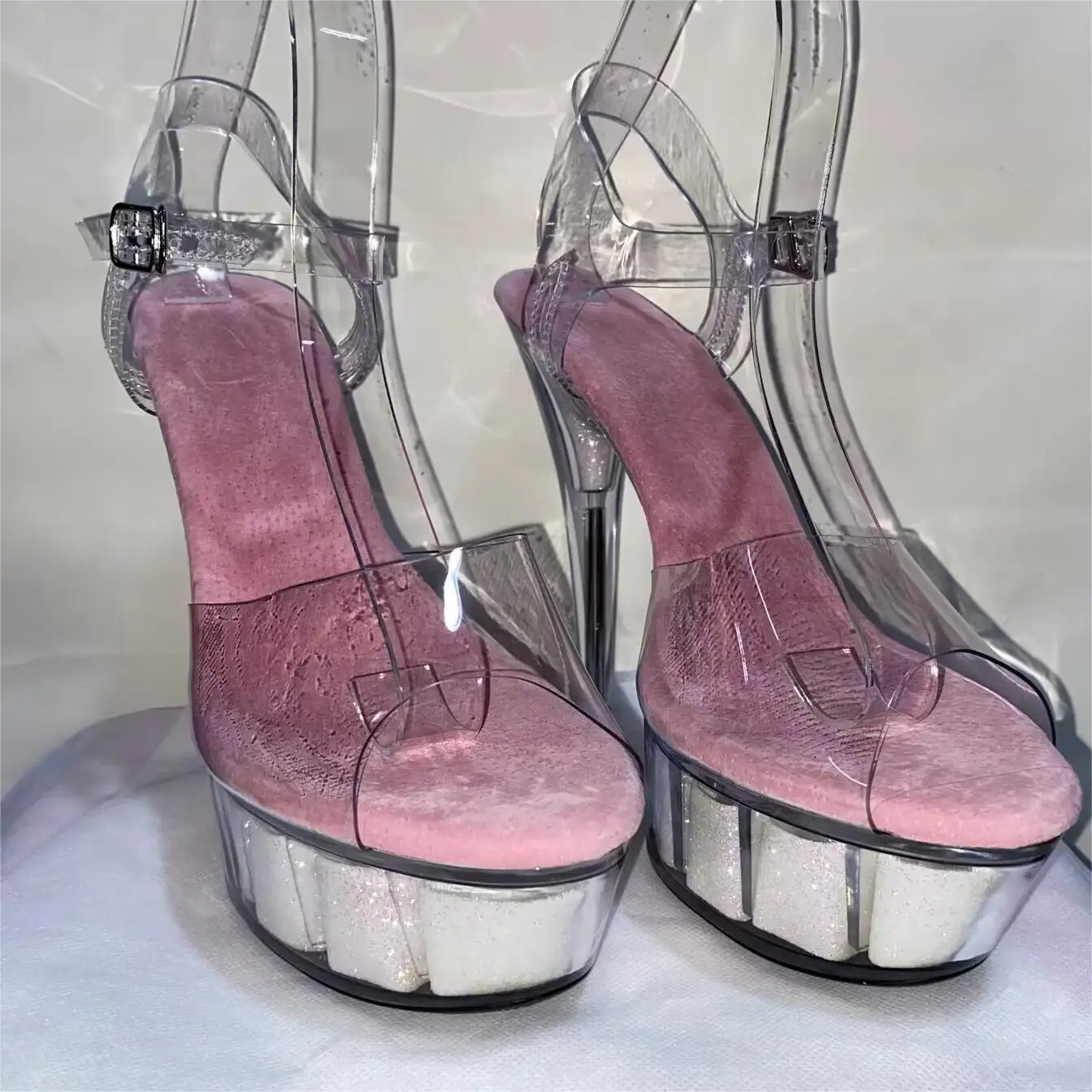 

Sexy high heels, 15cm high quality transparent sandals for summer wedding banquet, model stage runway dance shoes