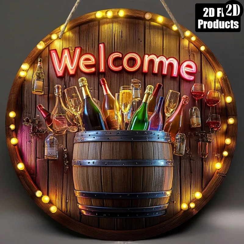 2D  Metal Tin Sign, Vintage Rustic Wine Barrel Neon Welcome Wall Decor With Wine Bottles String Lights For Bar Man Cave