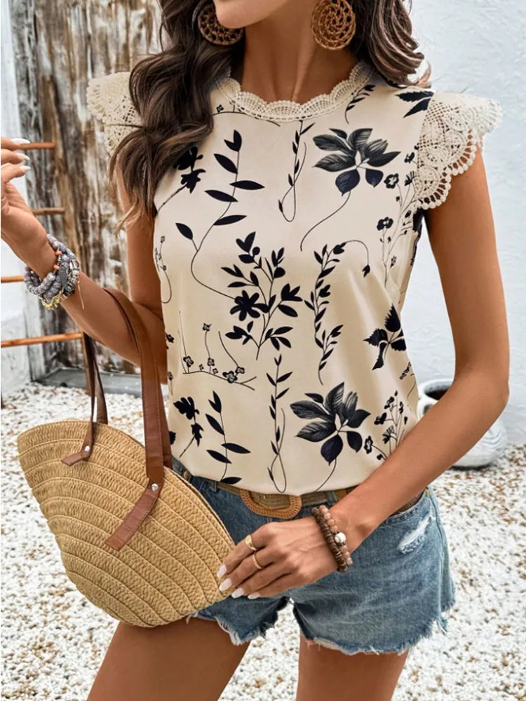ฤดูร้อนของผู้หญิงใหม่สบายๆสบายๆแฟชั่นรอบคอพิมพ์ใบบัวชีฟองเสื้อแขนสั้นสําหรับผู้หญิง