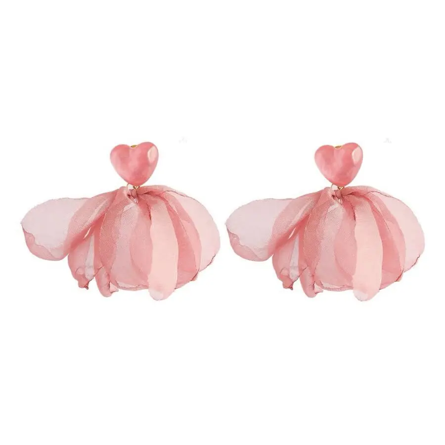 Sweet Mesh Fabric Flower Petal Love Heart Drop Earrings for Women Korean Temperament Versatile Summer Jewelry Party Gift
