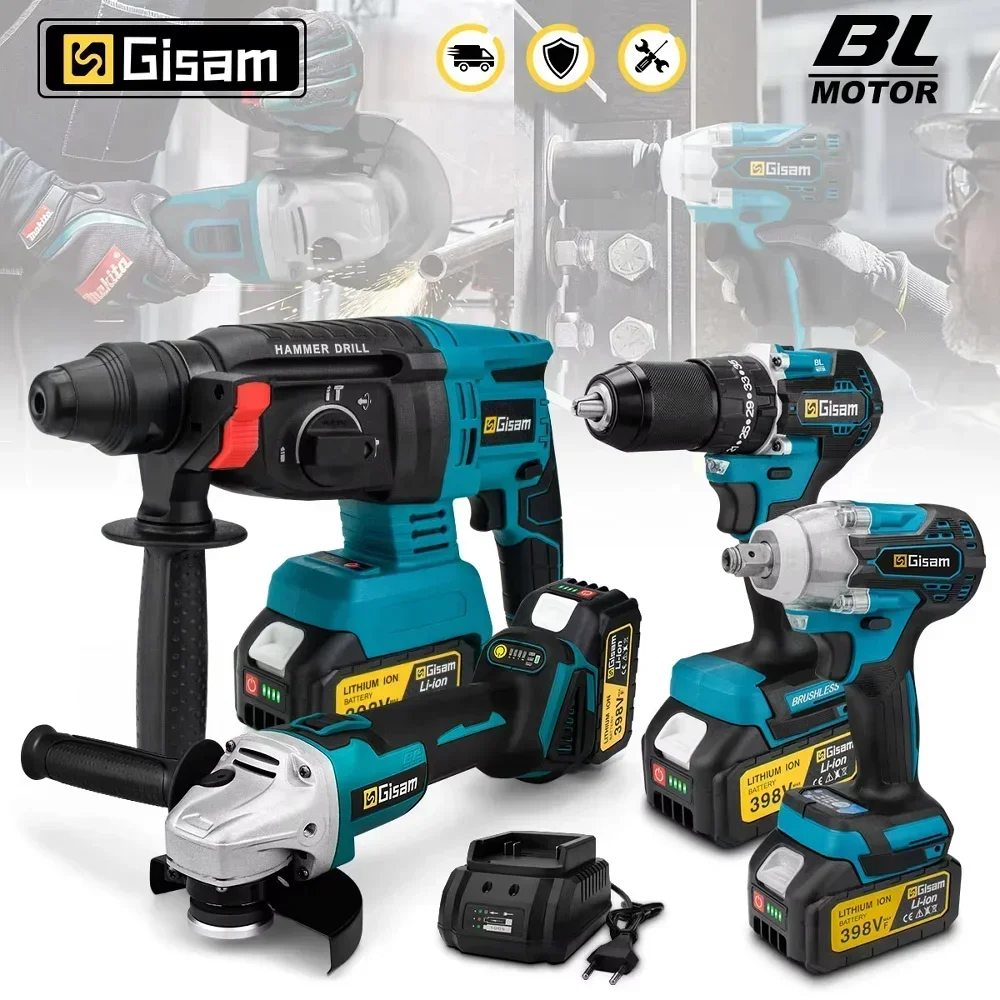 Gisam Brushless Power Tools Sets Electric Impact Wrench Electirc Drill Angle Grinder Electric Hammer For Makita 18v Battery