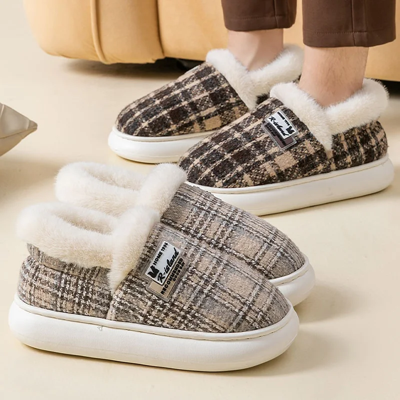 

Men Warm Cotton Slippers Soft Sole Short Plush Lined Slippers For Women Non-slip Fluffy Ankle Boots Outdoor Indoor House Shoes