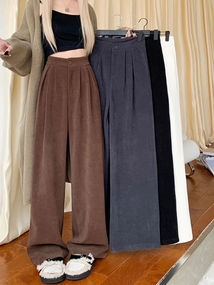 Pantalones de traje de sensación caída para mujer, pantalones informales de cintura alta, ajustados y sueltos, de pierna ancha, sólido color gris y blanco, Otoño, 2023