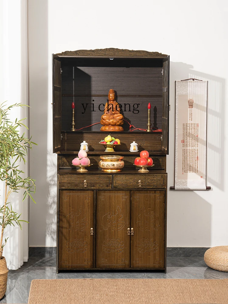 XL Bamboo Altar Heightened God of Wealth Bodhisattva Room Buddha Statue Clothes Closet with Door Worship Table