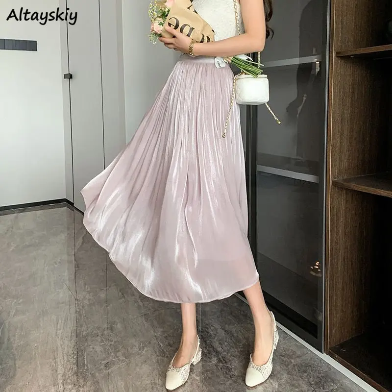 

5 Colors A-line Skirts Women Mesh Sweet Loose Temperament Midi Tender Folds Design Fashion Elastic Waist Casual Summer Ulzzang