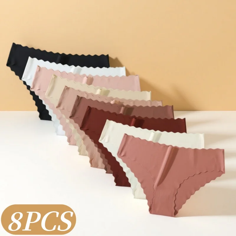 8-teiliges Set Damen Nahtlose Unterhosen aus Eisseide, Scalloped No-Show Unterwäsche, Damen-Unterhosen, Low-Rise Panties, Sexy Lingerie XS-XL