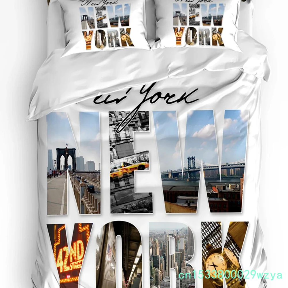 Home Textiles New York - ニューヨーク英語テキスト風景柄布団カバーと枕カバー付きカスタム3点寝具セットキルトカバーダブルベッドホームテキスタイル