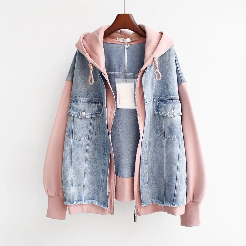

2025 Spring Autumn New Fake Two Piece Denim Jacket Women Loose Splicing Cardigan Hooded Baseball Coat Female Casual Ladies Tops