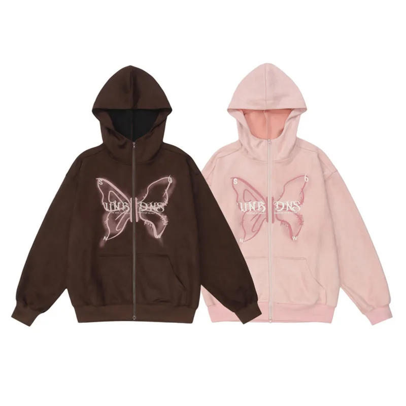 Chic Butterfly Graffiti Printing Zipper High Neck Hooded Jacket Men And Women Fashion Loose Suede Sweatshirt Coat Y2K Streetwear