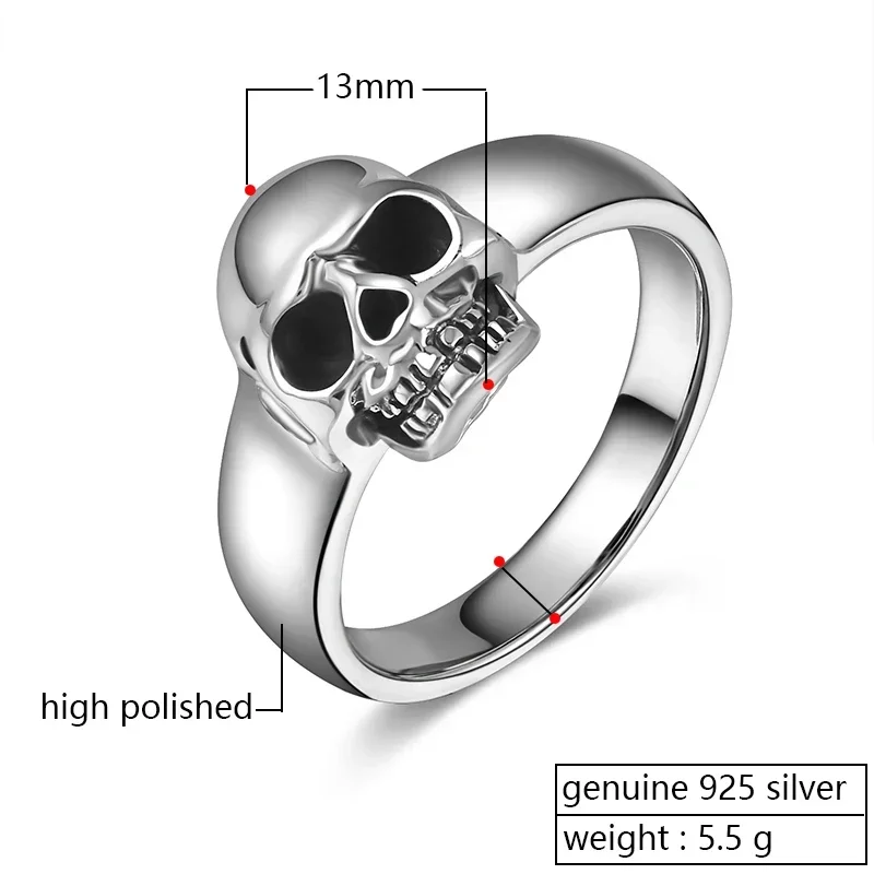 ZABRA Real 925 Sterling Silver Punk Skull Ring Men Vintage Rings For Men Women Lovers Fashion Cool Jewelry Anillos De Plata 925