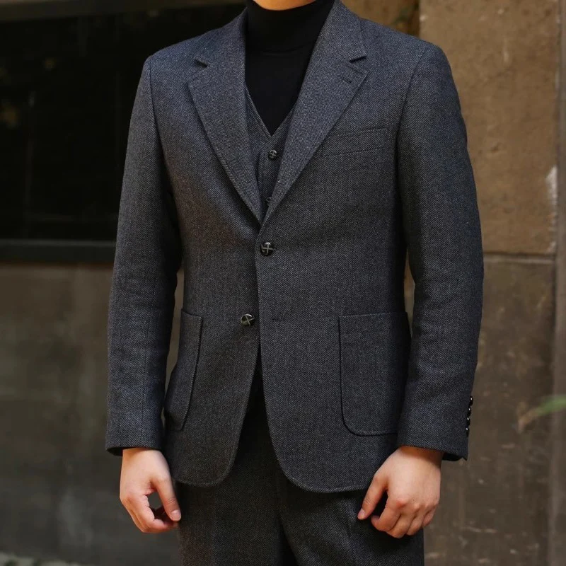Costume en laine gris foncé épais et lourd pour homme, tenue décontractée, 3 boutons, 2, automne et 
