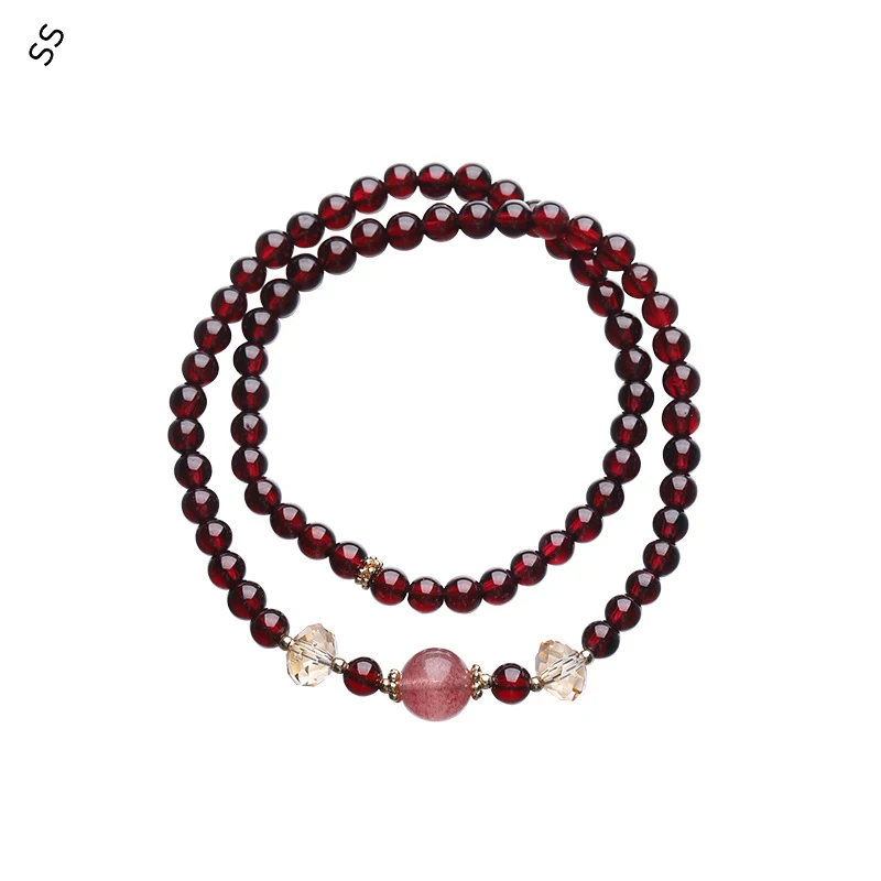 

Wine Red Garnet Bracelet Male/Female Hand Chain Accessories with Natural Strawberry Crystal Multi-circle Wear Beads Strand Wear