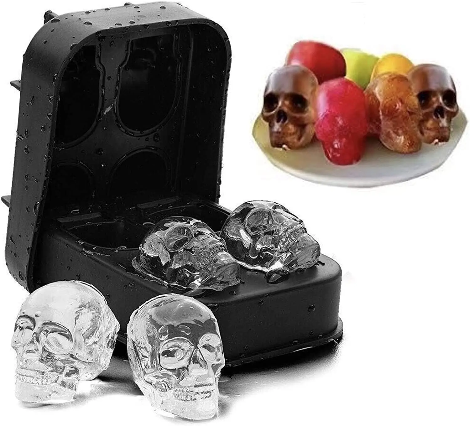 Skull Mold DIY 3D Easy Release Silicone Ice Mold 4 Skulls，for Christmas，Halloween Decor， Whiskey, Cocktails,Gift For Dad(Black)