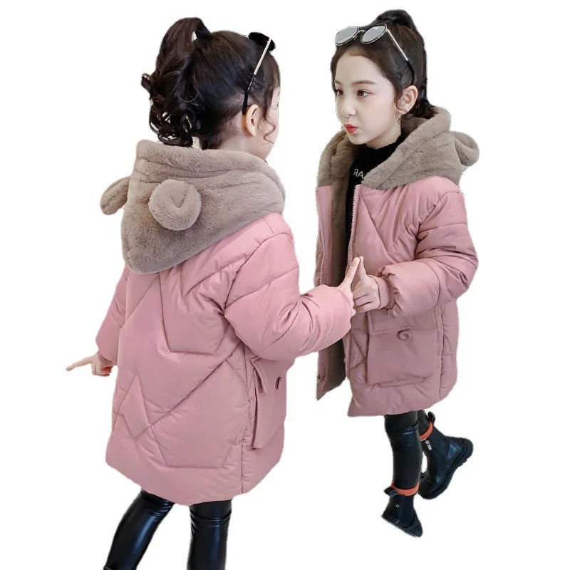 

Girls Down Jackets Kid Printed Plus Velvet Thick Outerwear Children Clothing Autumn Winter Warm Fur Collar Hooded Coats New