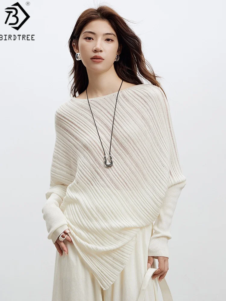 

Birdtree 30,7% шерсть 20,7% акриловый халат, женский жаккардовый шерстяной свитер с вырезом лодочкой и рукавами «летучая мышь», нерегулярный трикотаж T58806JF