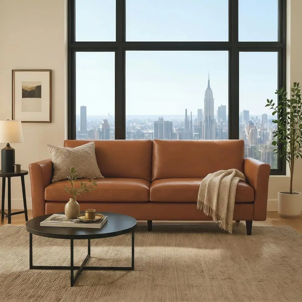 

Faux Leather 3Seater Sofa, Mid Century Modern Couch with Rolled Arms and Deep Seats, Easy Assembly Sofa for Living Room Apartme