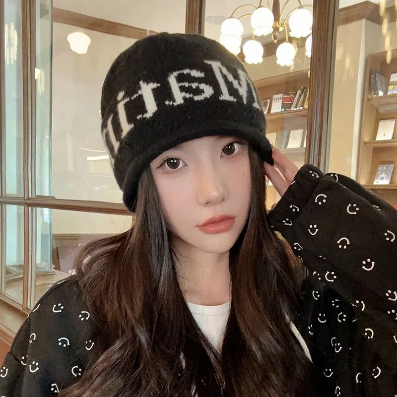 

Large Size Knitted Wool Hat with Personality Letter Design Sweet Internet Celebrity Style Pile Hat for Autumn And Winter