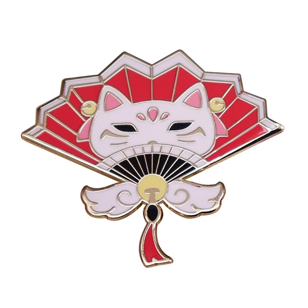 Japanese Lucky Pink Cat Style Enamel Badge Fan Folding Red Lapel Pin Shape Cut Jewelry Accessories For Gift Members