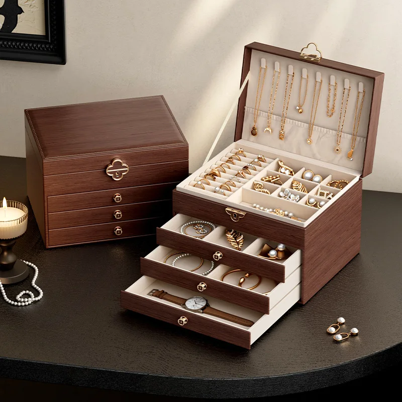 PU Leather 4-Tier Lockable Jewelry Box Large Capacity Jewellery Organizer for Necklace Ring Earring Bracelet Watch Storage Box