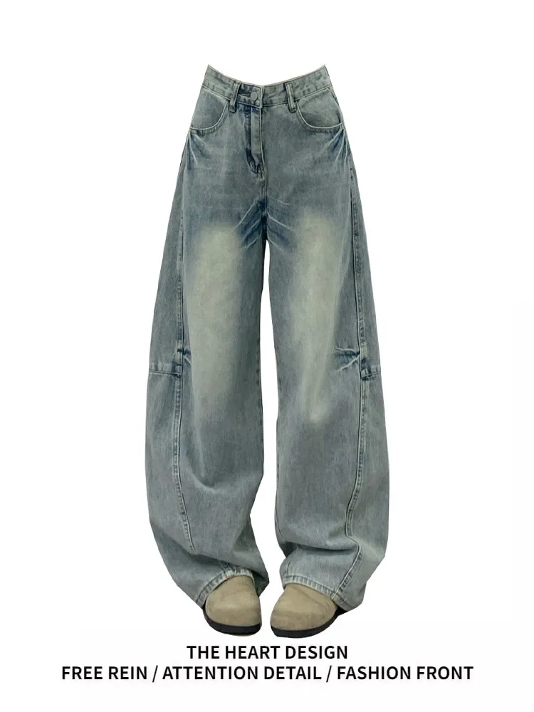 กางเกงยีนส์ทรงขากว้างเอวสูงสไตล์อเมริกันย้อนยุค ดีไซน์ขาดๆ เซอร์ๆ สำหรับผู้หญิง สวมใส่สบายๆ
