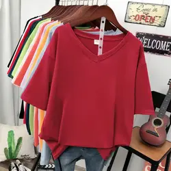 DAYIFUN-camisetas de manga corta monocromáticas para mujer, Tops con cuello en V para mujer, camisetas informales holgadas de talla grande 5XL 110KG, camisetas para mujer