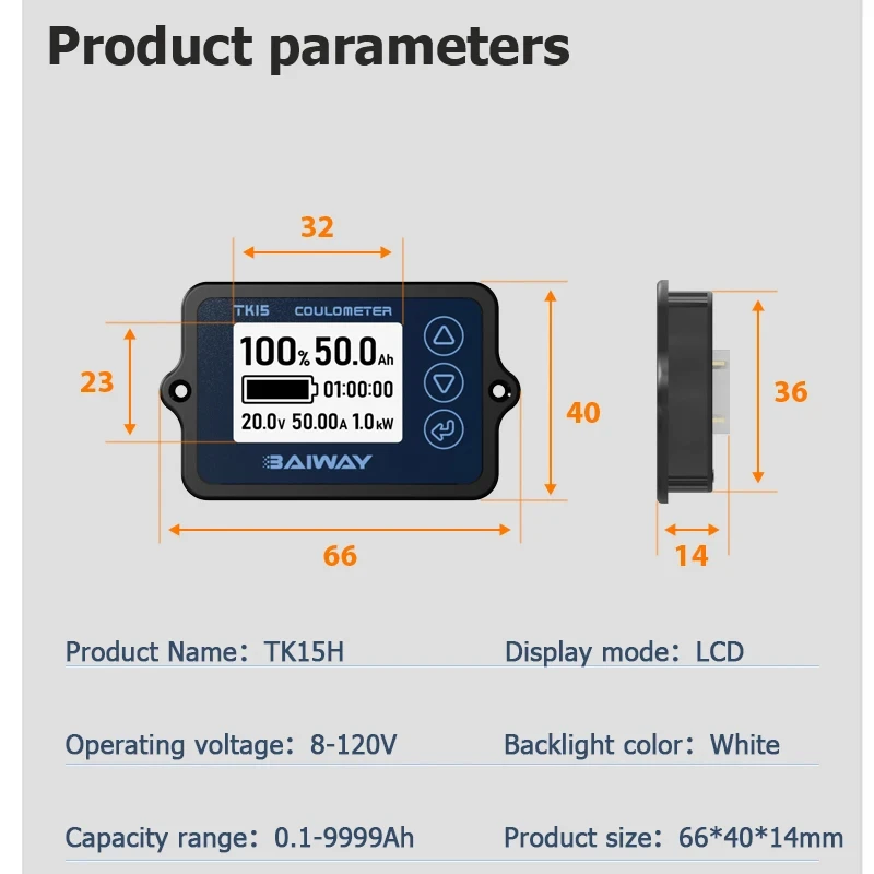 TK15 Coulomb Meter DC8-120V 50A/100A/350A Digital Coulometer Battery Capacity Tester for E-bike/Balance Car/Cleaning Machine