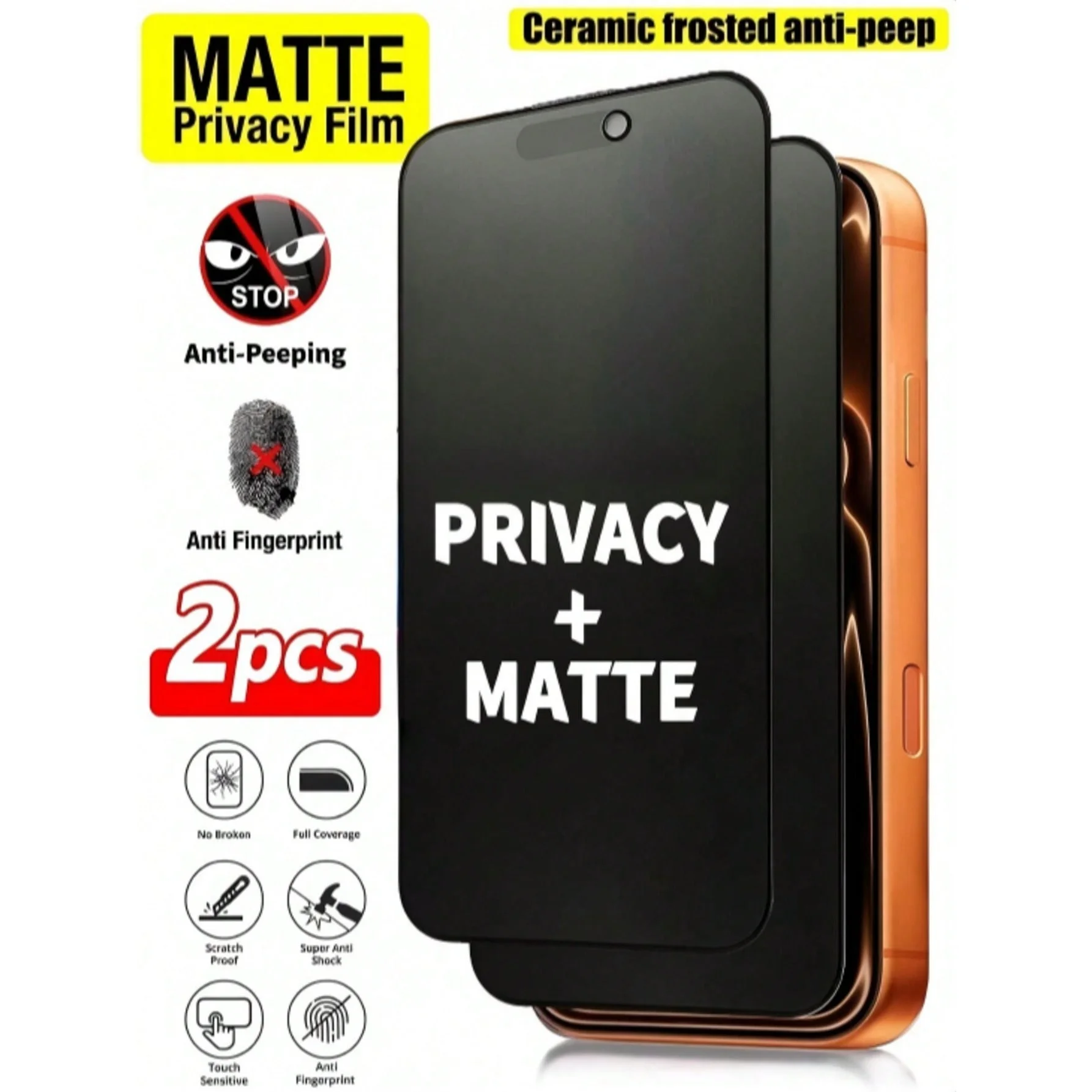 2 Películas Protetoras de Tela Fosca de Cerâmica Anti-Espião com Cobertura Total para iPhone 17 16 15 14 13 12 11 Pro Max X XR XS Max