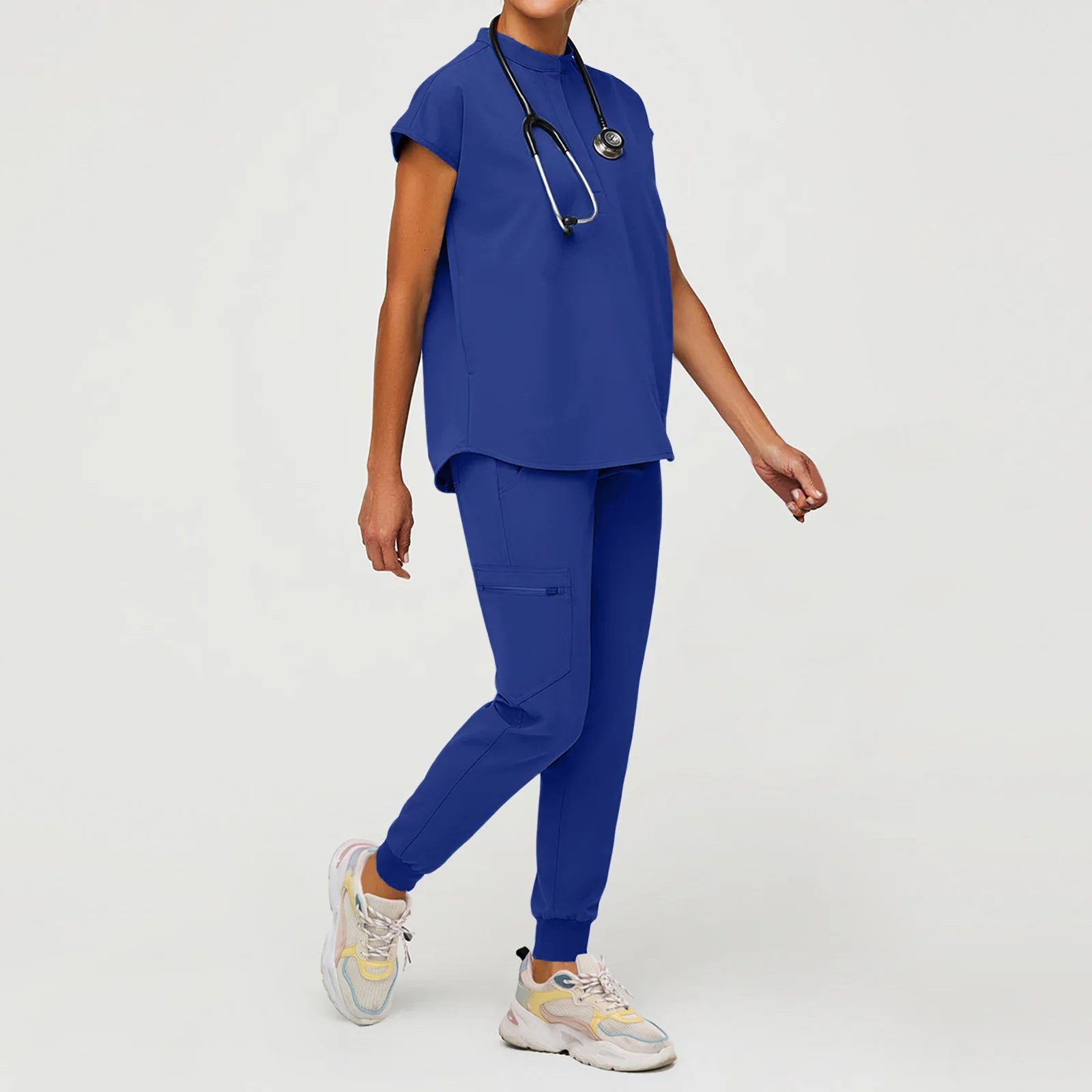 Ensemble de gommage d'infirmière pour femmes, col montant, sans manches, pantalon à cordon multicolore, uniforme médical multi-poches, vêtements de travail de santé