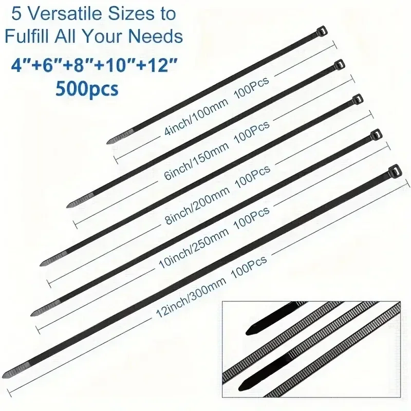 Fascette per cavi in nylon nero resistente da 500 pezzi - Dimensioni versatili per tutte le tue esigenze: 4