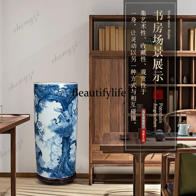 Jingdezhen ceramic Chinese hand-painted large painting and calligraphy scroll cylinder vase living room study floor ornament