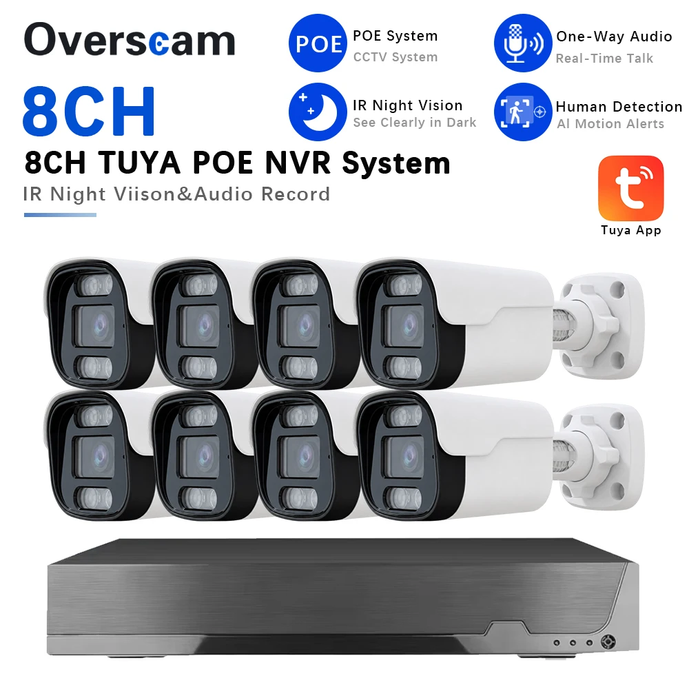Smart 8MP 4K 8CH Tuya PoE Security Camera System Cameras NVR Kit Motion Detection Audio Record IR Night Vision CCTV Surveillance