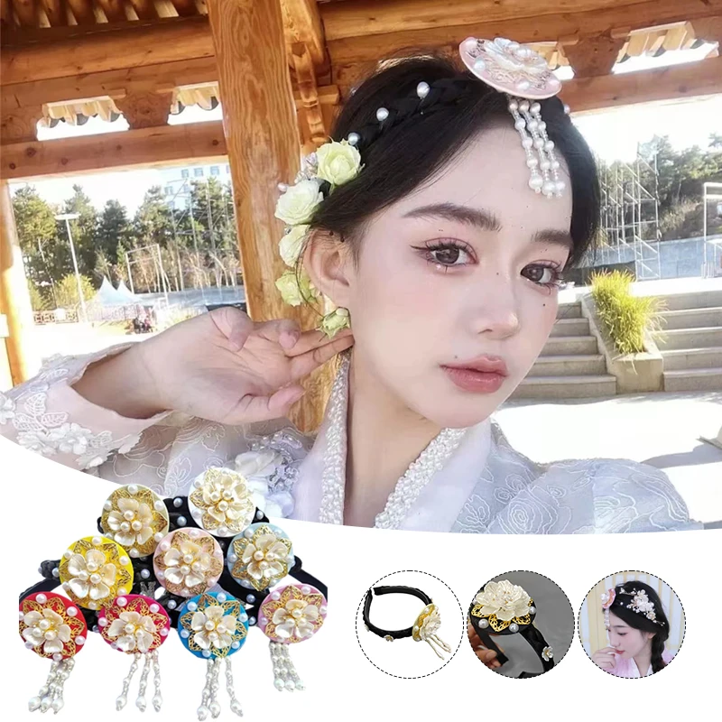 New Yellow/Rose Red/Pink/Blue/Purple/Black Color Korea Pearl Hair Hoop Girls Lady Hanbok Hair Ornaments Performance Accessories