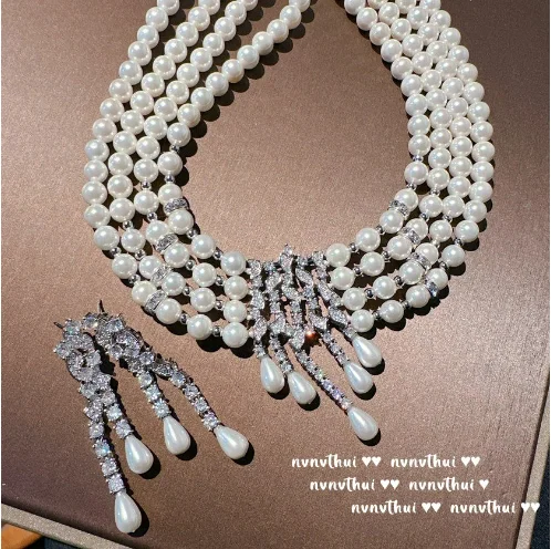 2023 Women Morning Dew Water Drops Honeycomb Gem Multilayer Pearl Necklace Tahiti Seawater Mabei Pearl Zircon Earrings