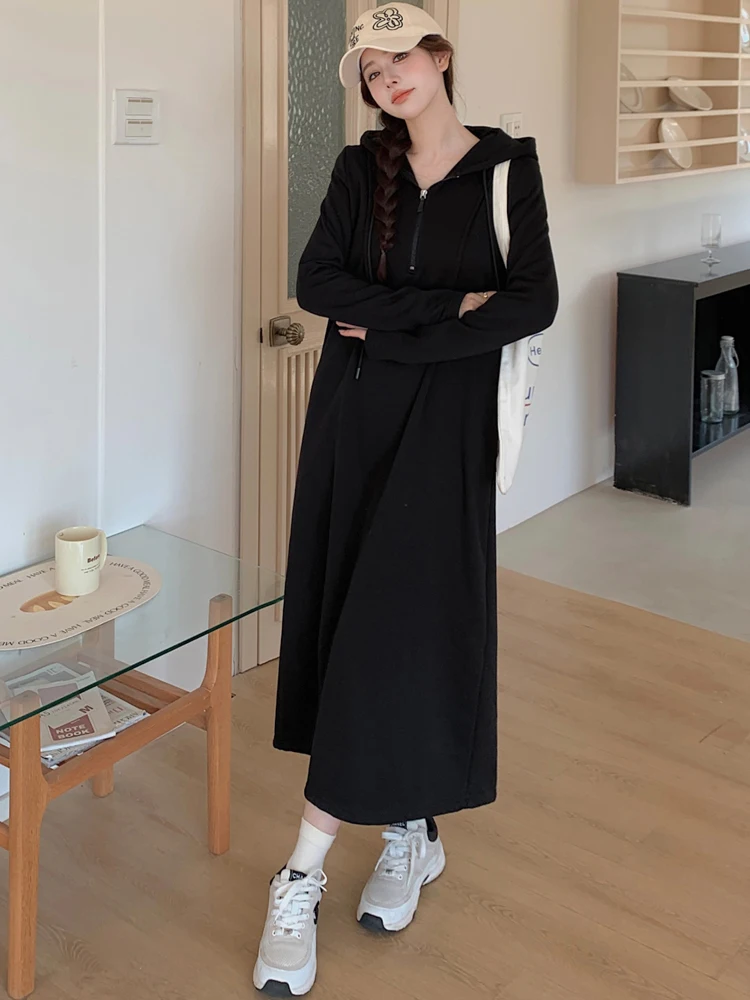 NYFS 2024 Autumn New Korea Women Dress Vestidos Robe Elbise Loose Plus Size Long Sleeve Hooded Long Dresses