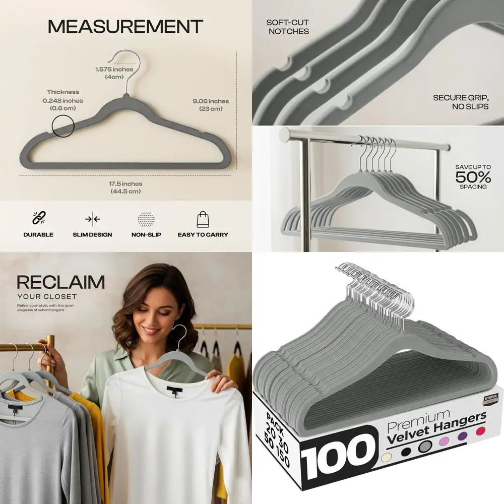 

100 Pack Non-Slip Velvet Suit Hangers with 360° Rotating Hook for Pants, Coats, Shirts & More (Grey)