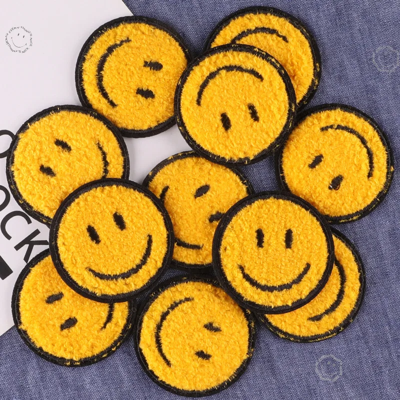 5Pcs Yellow Smiling Face Chenille Towel Embroidered Iron On Patches For on Hat Jeans Sticker Sew-on Fashion Clothes Applique