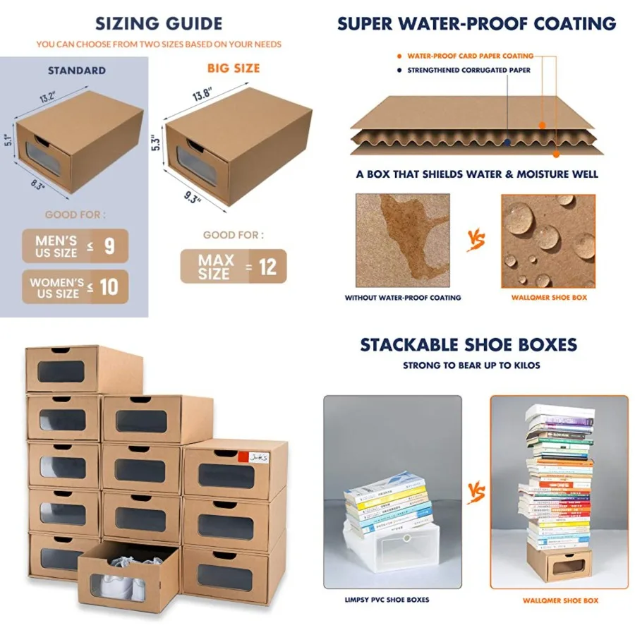 

Shoe Box 12 Pack, 13.2 x 8.3 x 5.1in Waterproof Storage Boxes, Socks, Stationery, Toys, Underwear, Heavy Duty, Stack-able Cardb