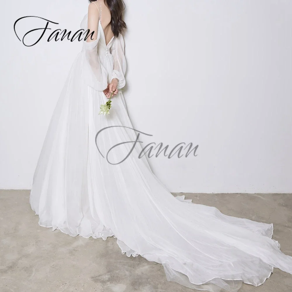 Customized Simple V-Neck See-Through Wedding Dresses Backless A-Line Chiffon Sweep Train Bridal Gown robe de mariée vestidos no