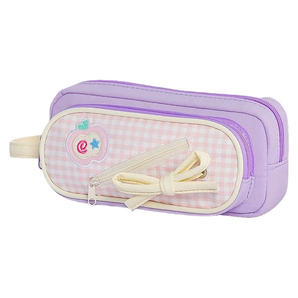 Handheld Korean Bow Stationery Bag Fruit Cherry Cake Print Embroidery Korean Fruit Pencil Case Large Capacity Aesthetic