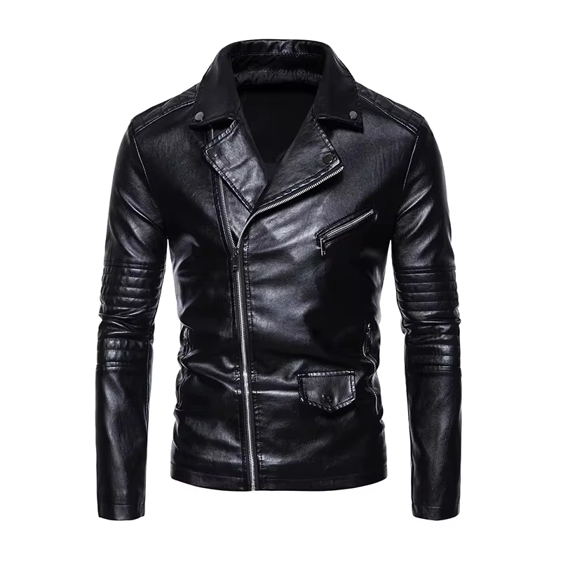 2025 Korean version New Fashion Men's Turn-down Collar Asymmetrical Zipper Casual Trendy Simple Basic Loose Faux Leather Coats