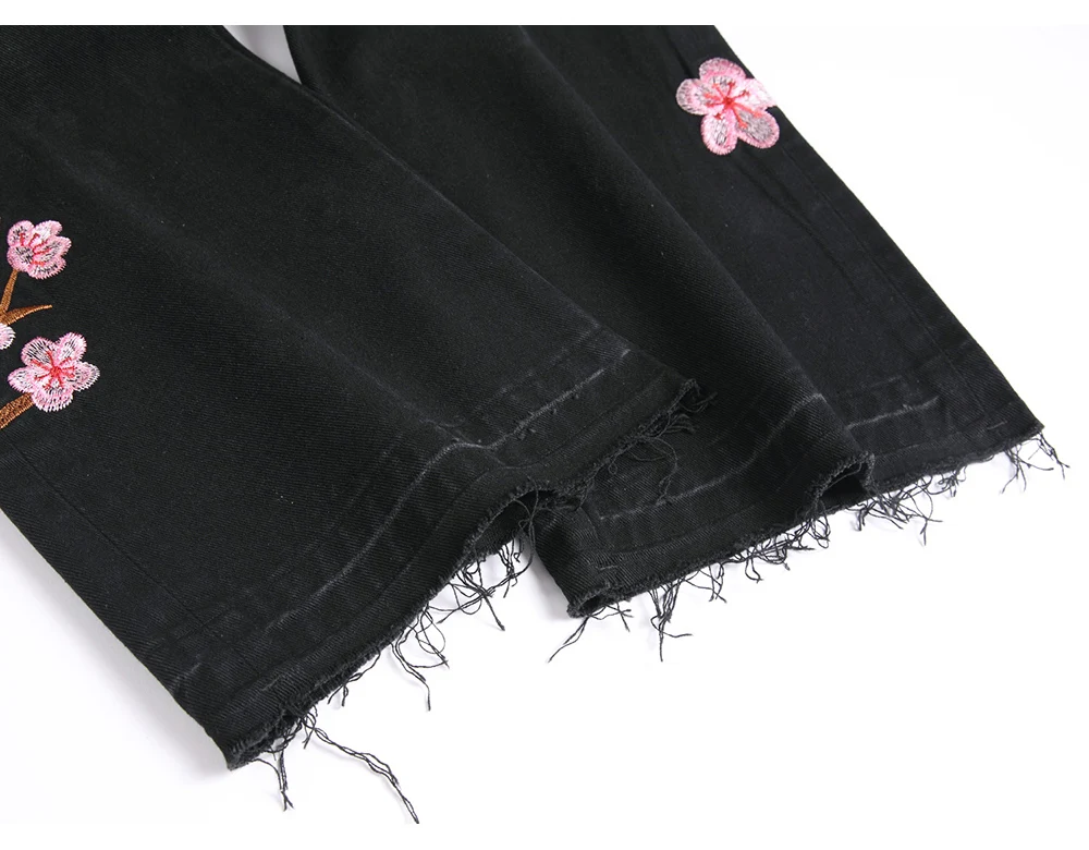 Herren-Jeans mit Sakura-Stickerei, Streetwear, Boot-Cut-Hose, ausgestellter Saum, ausgestellte Hose mit Rissen und Kirschblüten-Design – Detail 11