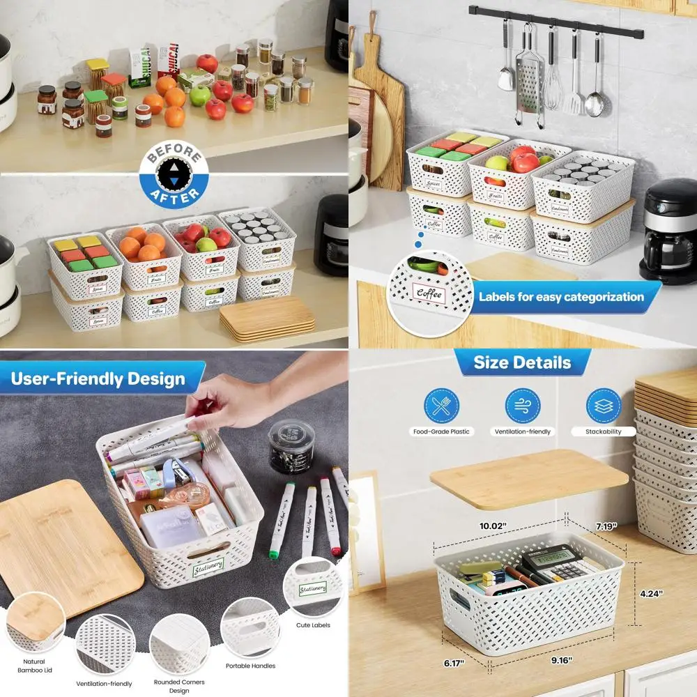 

Stackable Bamboo-Lid Plastic Storage Bins - Decorative Cream White Organizers for Home, Office, and Classroom