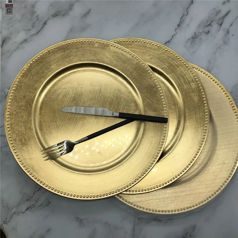 

13 Inch Gold Plastic Beaded Charger Plates Wholesale Dinner Elegent Pearl Dish Decorative Salad Wedding